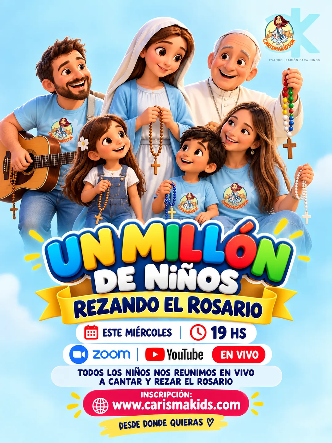 Flyer Un millón de niños rezando el Rosario: la Virgen, el Papa y niños con rosarios